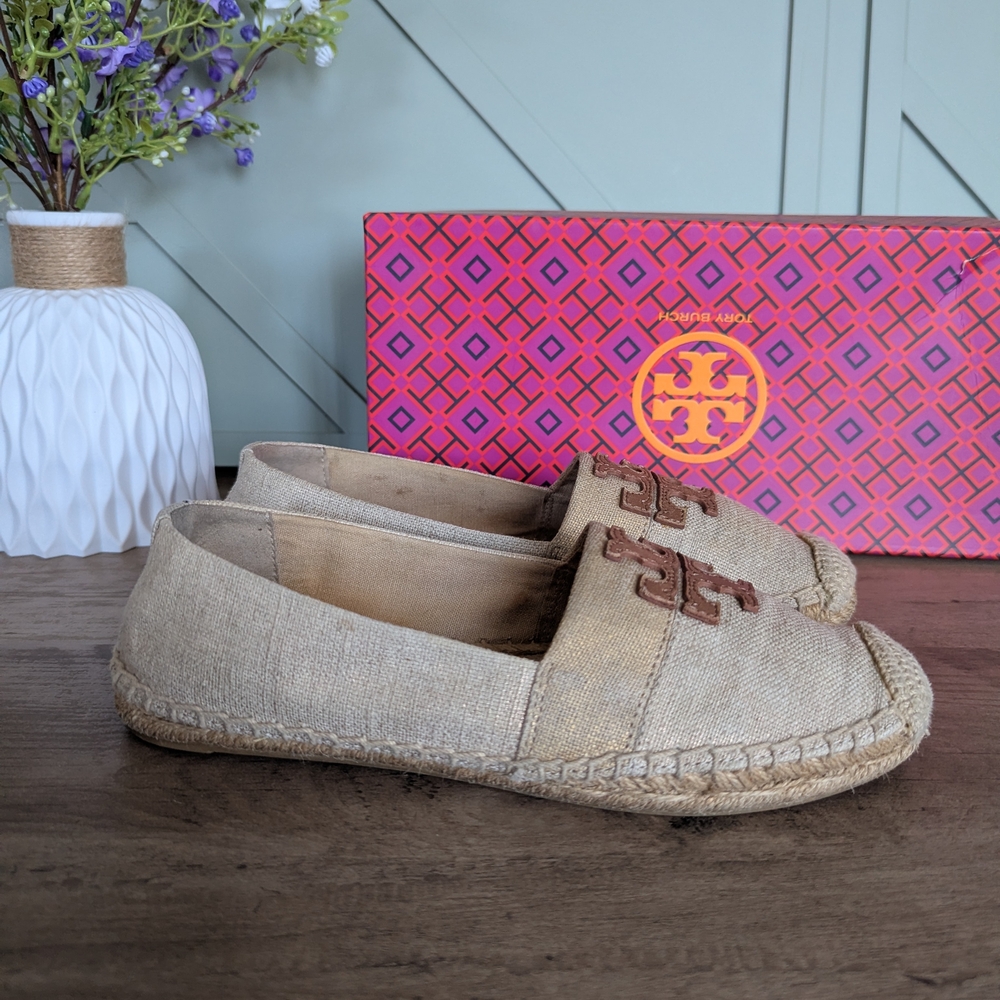 Tory Burch Beige Canvas Espadrille Flats with Logo - Picture 5 of 13